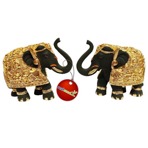 REAL SEED 24K Gold Plated Black Elephant Idols Set of 2 for Home Temple, Hatti Idol for Pooja Room, Elephant Statue for Gifting, Good Luck and Prosperity Showpiece (Size - 3 Inches Height)
