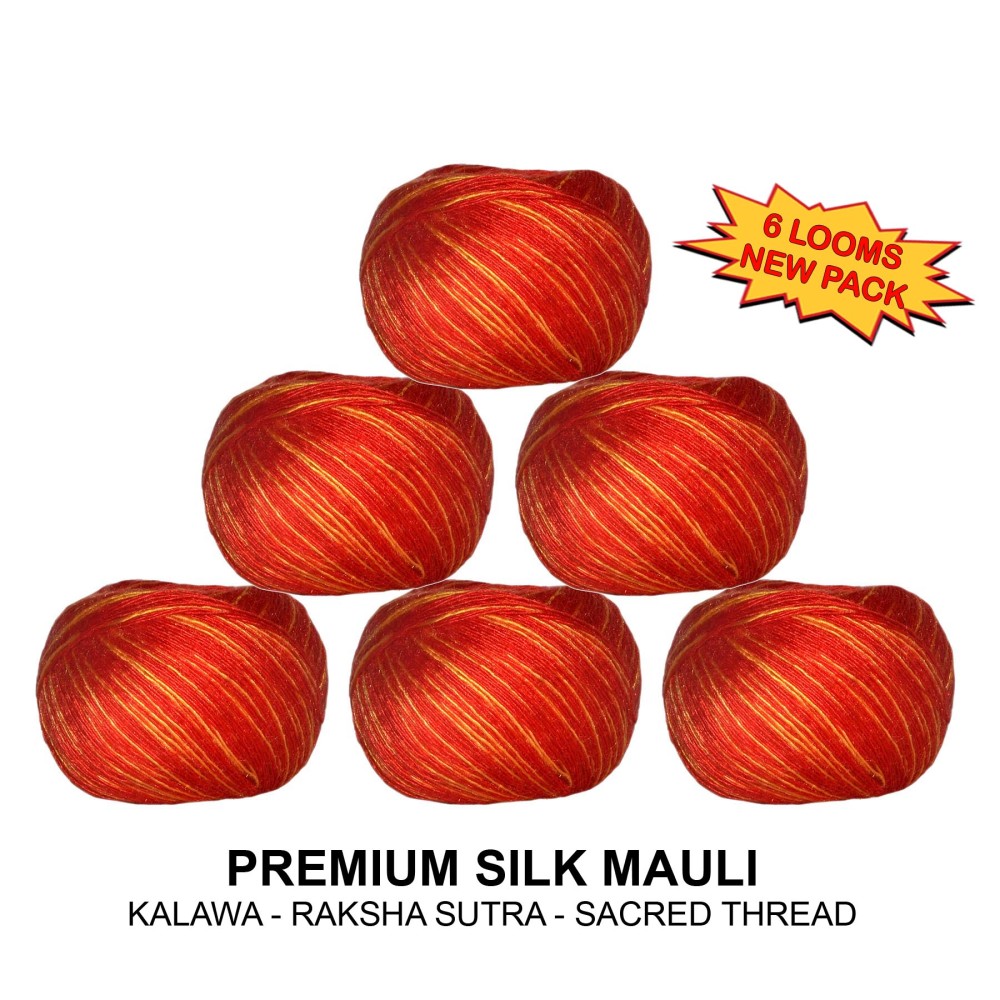 REAL SEED Silk Mauli, Kalawa, Raksha Sutra with Two Natural Colors Red and Saffron in Silk Thread Special 6 Pieces Combo Pack