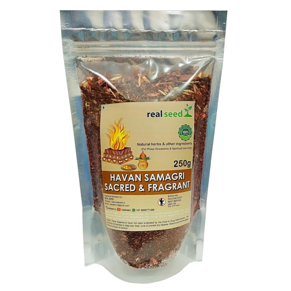 Real Seed Pure and Natural Mixture of Various Dried Herbal Roots and Leaves for Vedic Yagya Pujan, Hawan Worship Pooja Samagri Premium 250 Grams Zip Pack