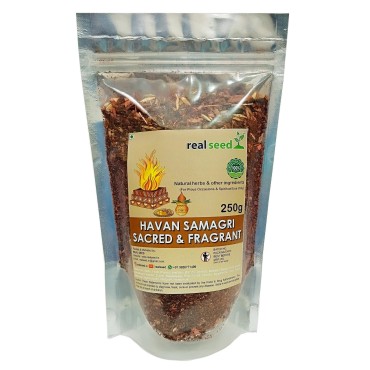 Real Seed Pure and Natural Mixture of Various Dried Herbal Roots and Leaves for Vedic Yagya Pujan, Hawan Worship Pooja Samagri Premium 250 Grams Zip Pack