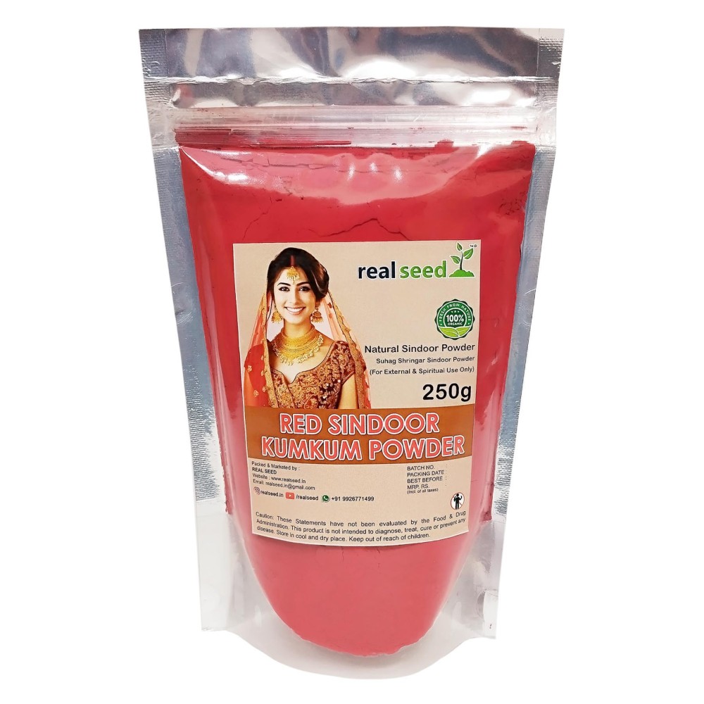 Real Seed Natural Sindoor Red Kumkum, Suhag Shringar Sindoor Powder, Premium Range of Puja Products, Traditional Sindur, Non Scented Kumkum, Kungumam (Weight- 250 GMS)