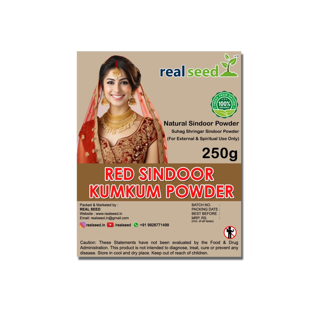 Real Seed Natural Sindoor Red Kumkum, Suhag Shringar Sindoor Powder, Premium Range of Puja Products, Traditional Sindur, Non Scented Kumkum, Kungumam (Weight- 250 GMS)